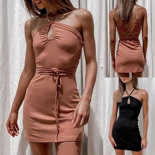 Solid Color Ladies Mini Halter Sundress Women Summer Dress Off Shoulder Band Hollow Out Sexy Female Backless Dress Sleevless D30