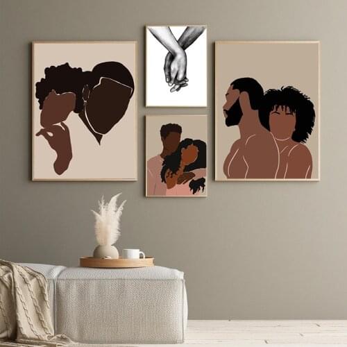 Black Woman Man Lover Poster Abstract Prints African American Couple Hold Hands Love Canvas Painting Bedroom Home Decoration