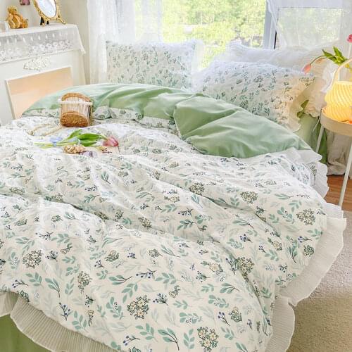 Small Fresh Floral Washed Cotton Bedding Four-Piece Ins Princess Style Lace Bed Sheet Quilt Cover cute bed sheets