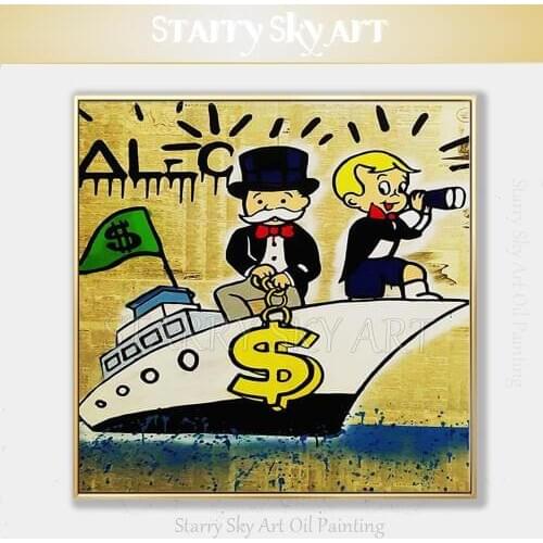 Professional Artist Hand-painted Special Fine Art Rich Man Moneybags Oil Painting on Canvas and Newspaper for Wall Decoration
