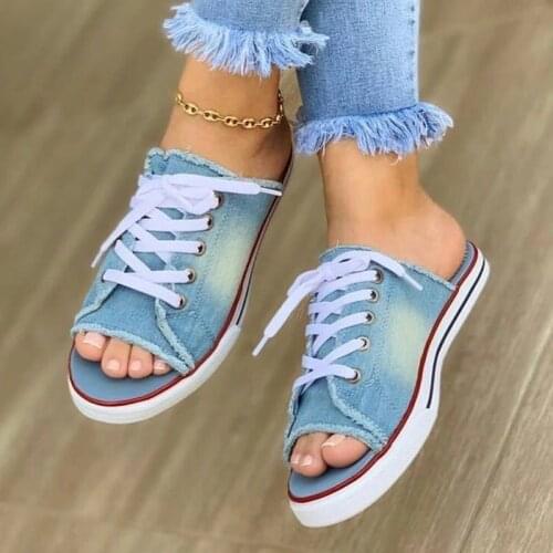 2021 Fashion Women Canvas Sandals Breathable Summer Slippers Lace Up Open Toe Ladies Faux Denim Flat Shoes Zapatos Mujer