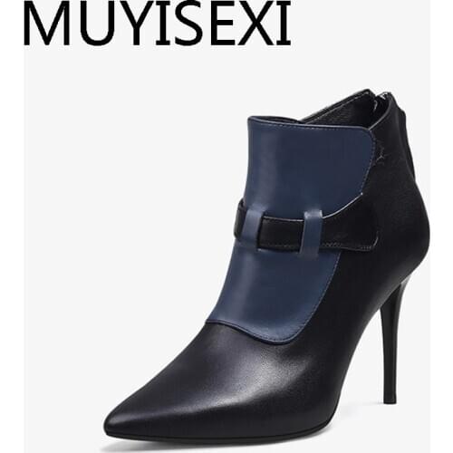 Gorgeous stretch genuine leather 9cm thin high heels zipper pointed toe slip on patchwork office lady dress boots HL302 MUYISEXI