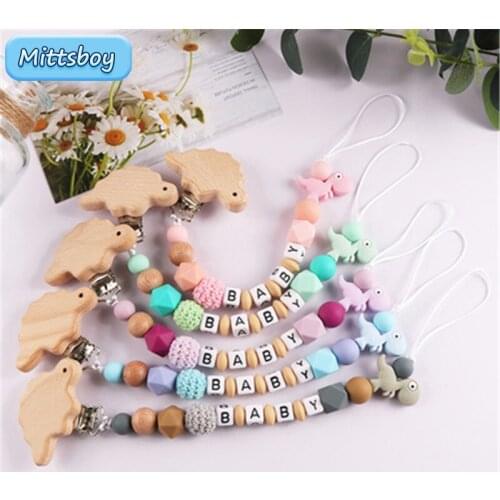 DIY Personalised Name Silicone Baby Pacifier Clip Chain Nipple Wooden Pacifiers Chain with Name Holder Baby Newborn Shower Gifts