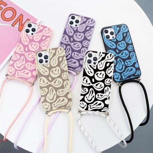 Silicone Necklace Lanyards Coques For Xiaomi Redmi Mi Note 10 10T 9 9T 9S 8 8T 7 5 Pro Max 11 Lite Poco F3 M3 Funny Smiley Cases