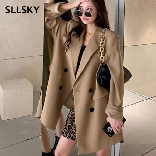 SLLSKY 2021 Autumn Blazer Women Single Breasted Oversized Suit Jacket Office Ladies Loose Plus Size Long Sleeve Out Wear Blazer