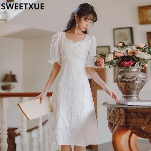 SWEETXUE 2021 Summer New Womens French Retro Square Collar White Beaded Dress Party Sweet Cute Kawaii Chic Dress Female