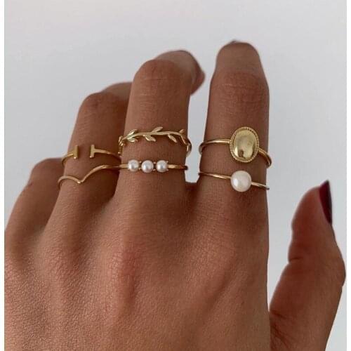 52883 Celebrity Street ring 6-Piece creative gold plated pearl leaf ring set