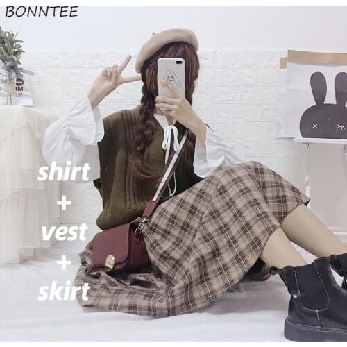 Women Sets Japanese Style Full Flare Sleeves Bow Plaid Skirt Casual All Match College Mid-calf 3 Pcs Stylish Autumn Daily Ins