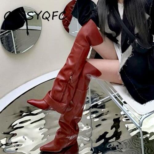 CYJSYQFC Womens Pointed Toe Over The Knee Boots Autumn Winter Collapsible High Quality Leather Side Zip Punk Style Long Boots