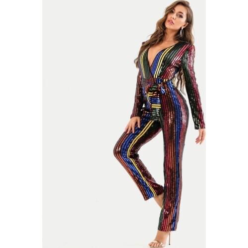 Free Shipping wholesale New Rompers Multicolor Sequins Long Sleeve Bodysuit V-neck Sexy Celebrity Party Jumpsuits