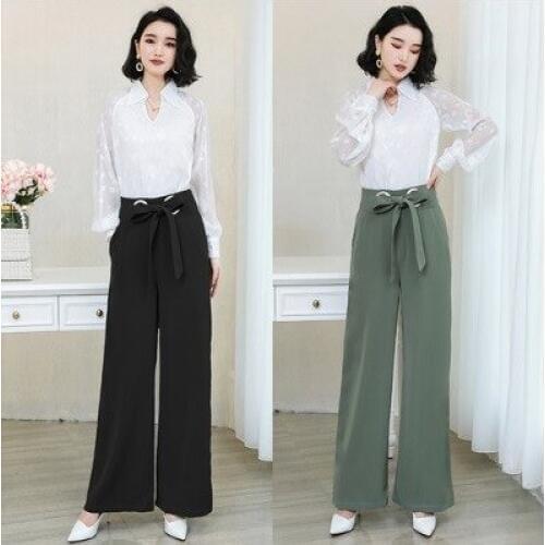 Set female 2019summer and autumn fashion casual solid color shirt loose wild wide leg pants temperament elegant womens clothing