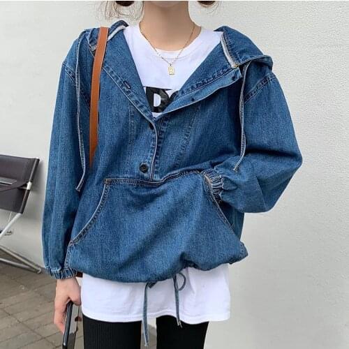 Women Autumn Denim Hoodies Oversize Loose Hooded Sweatshirt