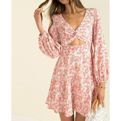 Women Vintage Long Sleeve Floral Print Dress Autumn V Neck Hollow Out Casual A Line Dress 2021 Elegant Short Party Dress Female