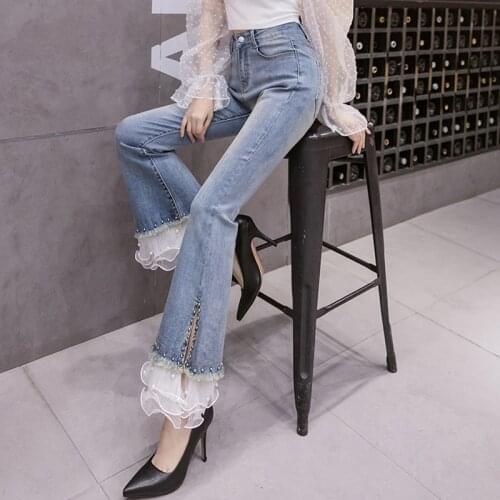 2021 Luxury Beading Stretch Slim Fit Flare Pants Women Fashion Lace High Waist Jeans Female Casual Trousers Blue