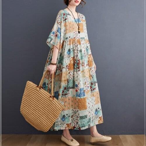 2021 Women Summer Dress Plus Size Batwing Sleeve Cotton Maxi Dress Vintage Loose Abstract Print Boho Dresses One Piece Sundress