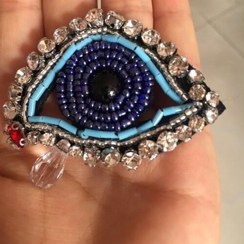 3D Blue Eyes Beaded Patches for Clothing Left and Right Rhinestones Sew On Patch Clothes 6x4cm Handmade Craft Repair Decoration