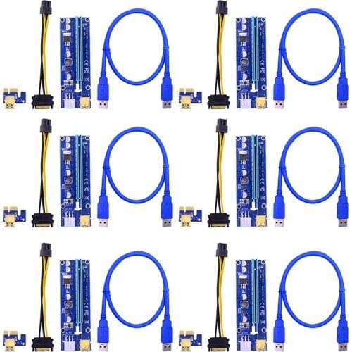6pcs Golden VER009 USB 3.0 PCI-E Riser VER 009S Express 1X 4x 8x 16x Extender Riser Adapter Card SATA 15pin to 6 pin