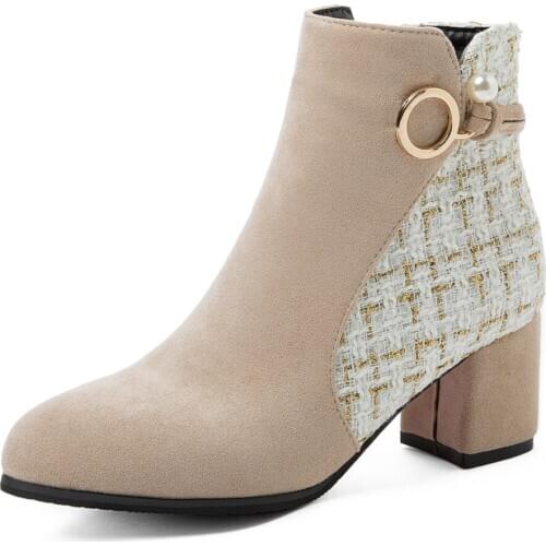 Oversized Flock Thick Heel Pearl Metal Buckle Ankle Boots Checkerboard Side Zipper Short Boots Winter Trend Womens Shoes