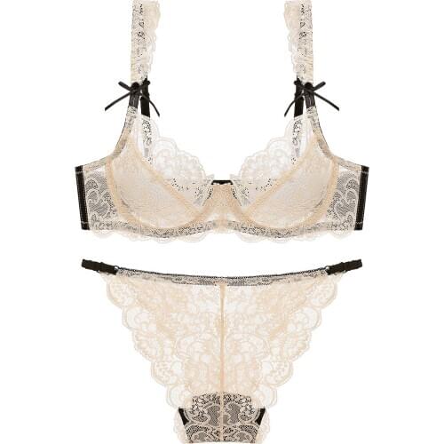 Girls Bra Womens Sexy French Transparent Ultra-Thin Lace Bra Set lingerie set sexy lace bra sets rhinestone bra set