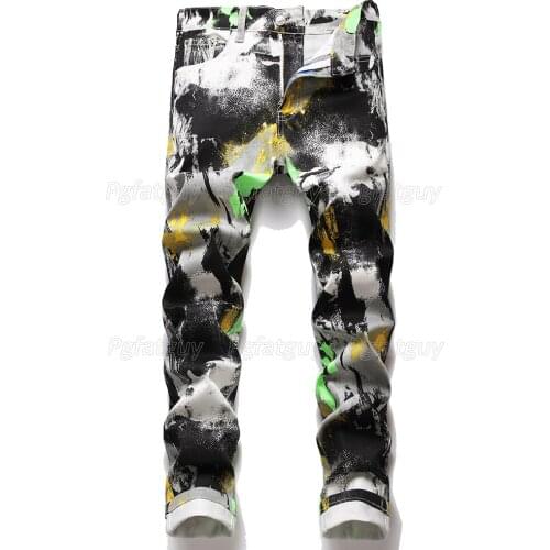 New European and American Mens Fashion Graffiti Printed Jeans Hip Hop Streetwear Stretch Denim Pants Pantalons Pour Hommes
