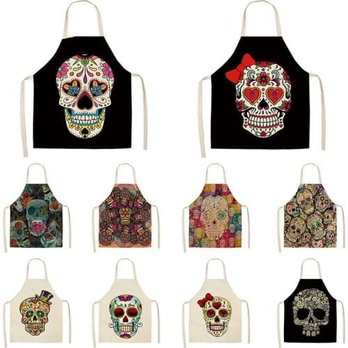 Cartoon Skull Pattern Kitchen Aprons Cotton Linen Sleeveless Aprons for Woman/kids Home Cooking Baking Cleaning Tools 65*53cm