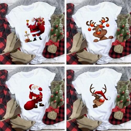 Funny Santa Claus Merry Christmas Cute Reindeer T Shirt Women Fashion Xmas Gift Harajuku Short Sleeve T-shirt White Tshirt Tops