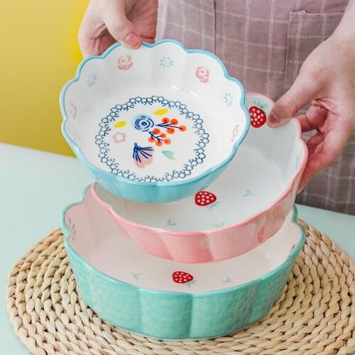 Hand-painted Ceramic Salad Cake Bowl Flower Pattern Colorful Porcelain Soup Fruit Bowl Lace Rice Dessert Ceramic Bowl Tableware