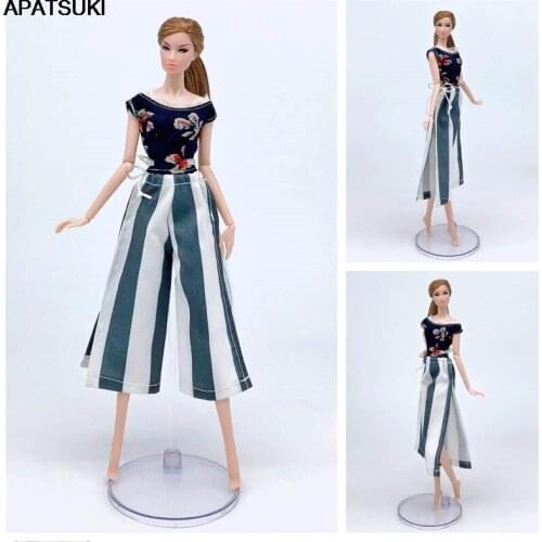 Fashion Clothes Set For Barbie Doll Outfits Black Flower Floral Vest T-shirt & Striped Pants Trousers 1/6 Doll Accessories Toy