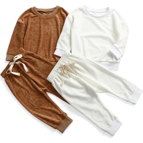 Kaiya Angle Spring Autumn Baby Clothes Set Casual Solid Terry Outfits Boutique O-Neck Clothing+Elastic Pants Wholesale