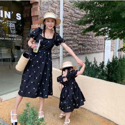 Summer mother and daughter fshion floral embroidery dresses backless cotton family matching dress