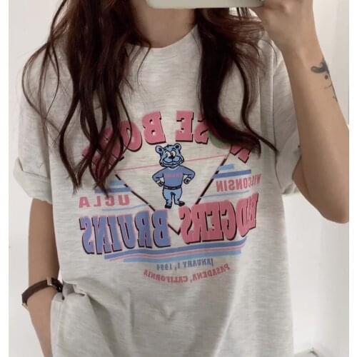 Summer college style cartoon letter printing half-sleeved mid-length loose cotton T-shirt women