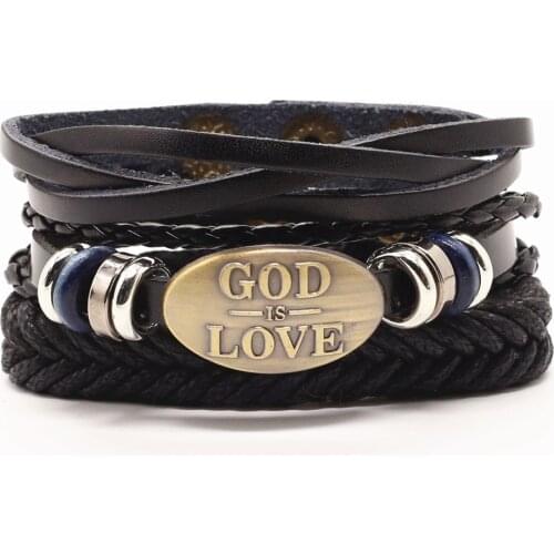 LUOBOTOU 3Pcs/ Set Braided Wrap Leather Bracelets for Men Vintage GOD IS LOVE Charm Multilayer Ethnic Tribal Wristbands