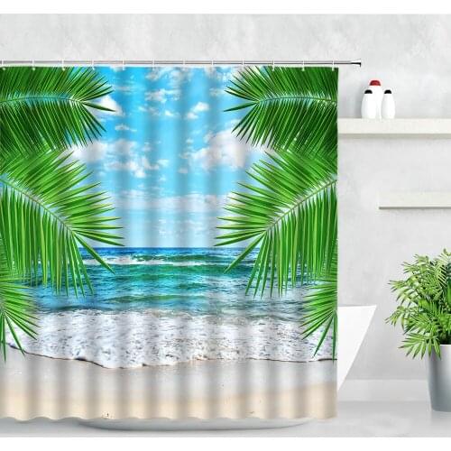 Summer Scenery Shower Curtain Set Blue Sky Beach Ocean Waves Green Palm Leaf Printing Bathroom Curtains Waterproof Bathtub Decor