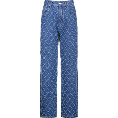 Leisure Jeans High Waist Loose Pants Women Rhombus Long Straight Trousers for Work Streetwear