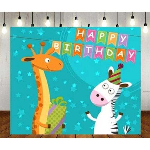 Photo Studio Photography Props Backdrop Cartoon With Giraffe And Zebra Which Celebrate The Kids Birthday Vinyl Background