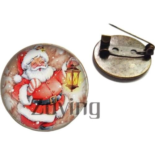 Zdying Antique Bronze Merry christmas tree Deer Metal Badge Brooches Round Glass Santa Claus Image Cabochon Brooch Pins SC45