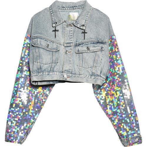 TREND-Setter 2019 Autumn Jean Sequins Short Jacket Female Long Sleeve Personality Metal Frame Denim Jacket Punk Streetwear