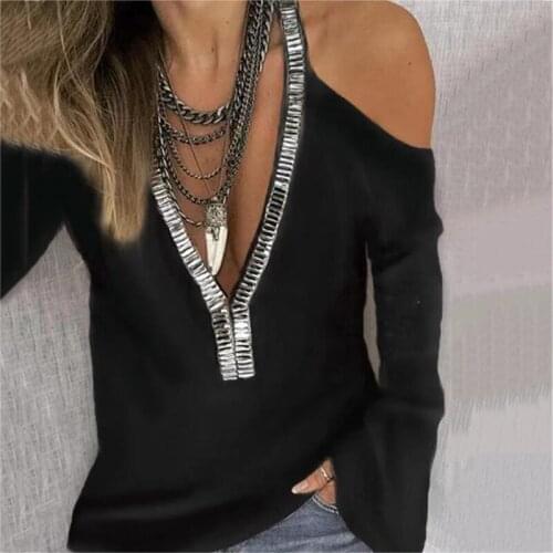 Autumn and winter new womens casual loose solid color V-neck sequins long-sleeved T-shirt tops