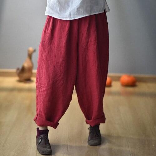 QPFJQD Ladies Loose Elastic Waist Linen Pants 2021 Summer Autumn Women Retro Flax Pants Trousers Solid Color