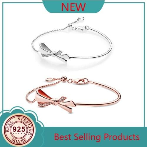 High Quality 100% 925 Sterling Silver Classic Sparkling Bow Pan Bracelet Women Charm Fashion Diy Jewelry