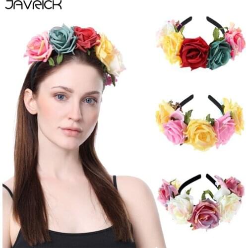 Women Girl Mexican Simulation Rose Flower Headband Contrast Color Flamenco Dancer Crown Wreath Halloween Party Costume Headpiece
