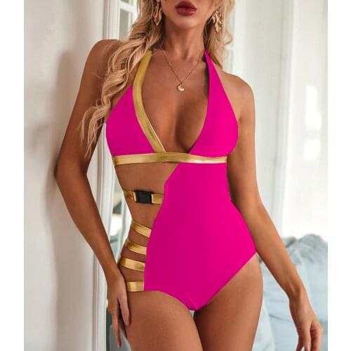 Patchwork Swimsuit Women Monokini Belt Bodysuit Sexy Beachwear Hollow Out Push Up One Piece Swimsuit Female Bathing Suits 2021