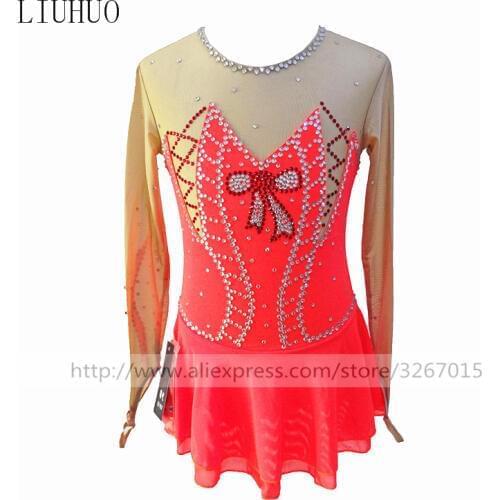 Figure Skating Dress Womens Girls' Ice Skating Dress Orange round neck long sleeve Exquisite diamond pattern Handmade Skating
