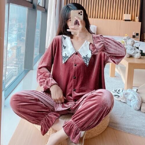 SLPBELY Golden Velvet Women Pajamas Set Sleepwear Suit Home Wear Luxury Style Casual Girls Elegant Homewear Nightwear 2pcs Set