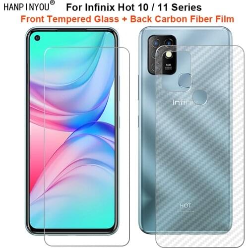 For Infinix Hot 10 6.78" 1 Set = Soft Back Carbon Fiber Film + Premium Tempered Glass Front Screen Protector