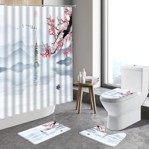 4pcs Chinese Style Shower Curtain Ink Painting Red Plum Flower Plant Mountain Bird Fish Scenery Non-Slip Rug Bathroom Mats Carpe
