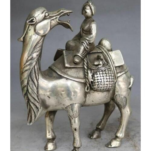 9" Chinese Silver Ancient People Man Ride Camel Llama Ship Of The Desert Statue