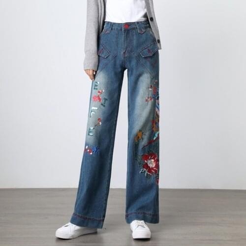 Free Shipping 2019 New Fashion Long Pants For Women Embroidery Flower Trousers Plus Size Denim Wide Leg Jeans Female Pockets