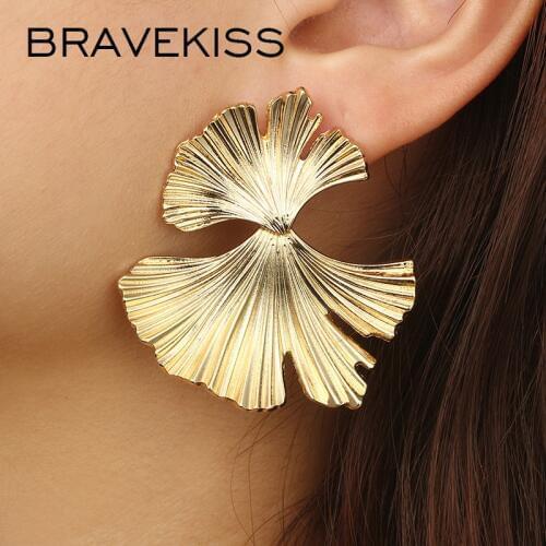 BRAVEKISS Trendy Gingko Leaf Design Stud Earrings For Women 2019 New Vintage Exaggerated Gold Earrings Fashion Jewelry BPE1416