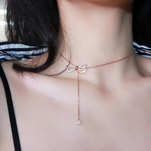 YUN RUO Rose Gold & Silver Color Creative Crystal Bowknot Adjustable Pendant Necklace Chain Titanium Steel Jewelry Dropship 2019